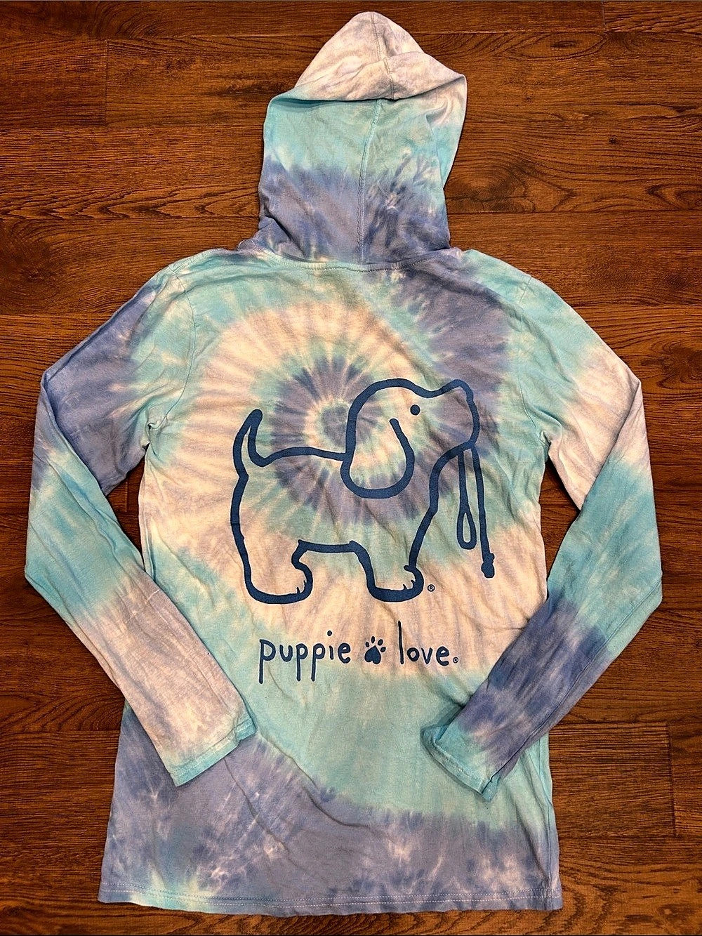 Puppie Love Tie-Dye Hooded Long Sleeve T-Shirt Blue & Aqua Women’s Small